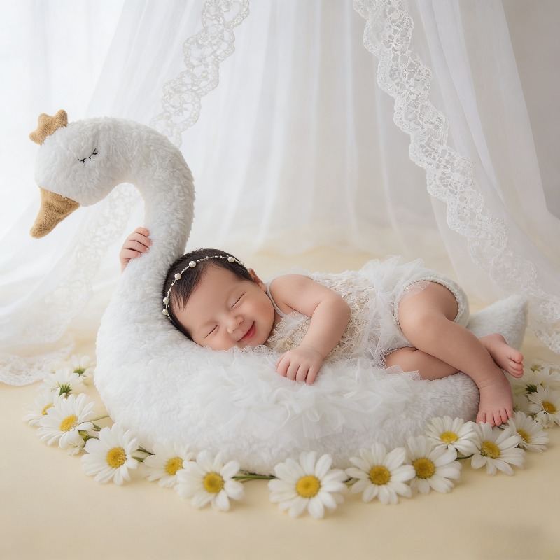 Photography Day - Neugeborenen-Fotografie-Requisite Schwan-Spitzen-Outfit-Set für Baby-Fotoshooting 100-Tage-Studio-Sitzung